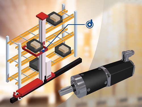 Illustration of an automated warehouse storage system with a vertical lifting unit moving trays between shelving racks. A blue annotation symbol highlights the motor position. On the right side of the image, a separate rendering of a black electric motor with gearbox is shown, representing the drive component used in the system.